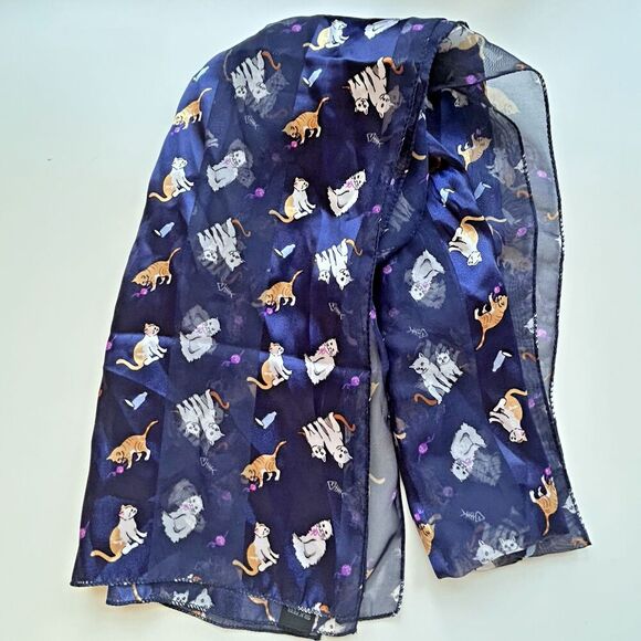 Playful Felines Silk‎ Feel Cat Scarf in Double Trouble Navy - Picture 1 of 3